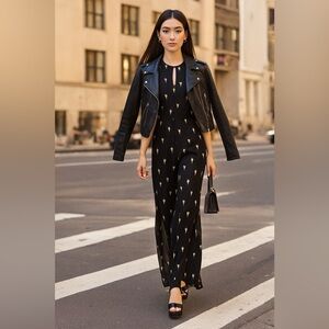 TRUSSARDI JEANS “1987” Heart-Flame Wide-Leg Jumpsuit | Sheer Cape Sleeves